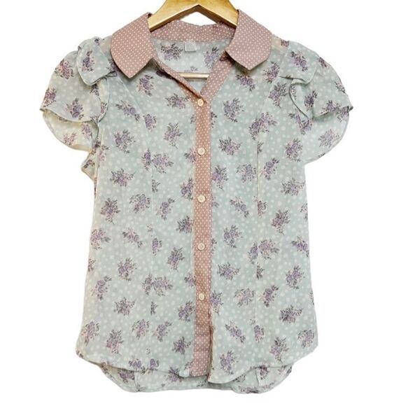 🎄Shabby Chic Floral Polka Dot short Sleeve Collared Blouse Green & Pink Small - Picture 1 of 4